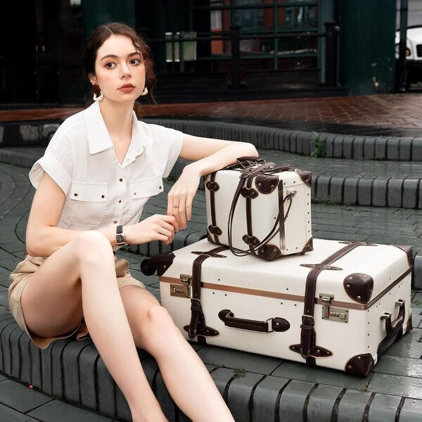 urecity Ensemble Valise Vintage Voyage avec Verrouillage Numérique Luxe Mignon Rétro Sets de Bagages Cabine, Valise 4 Roues (Blanc, S(12