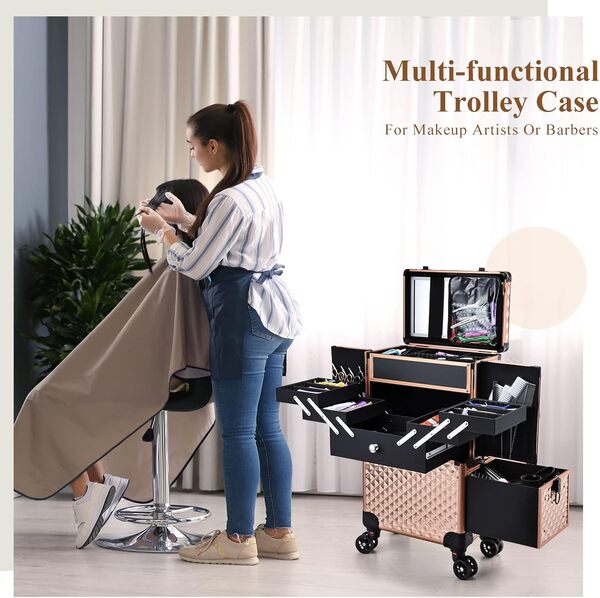 Adazzo Grand étui de rangement multifonction pour maquilleur professionnel - Pour techniciens des ongles - Cosmétologie - Pour coiffeur, Or rose, Trousse de maquillage à roulettes avec tiroir