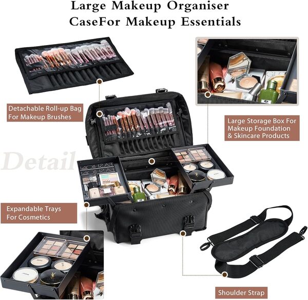 Costravio Mallette de voyage 2 en 1 pour maquillage - En nylon souple - Avec roulettes - Noir, noir, 2 IN 1, Étui à roulettes en nylon