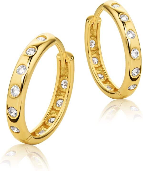 Boucles d'oreilles créoles en or brillant 585 14 carats avec zircons cubiques, Doré, Zircone cubique