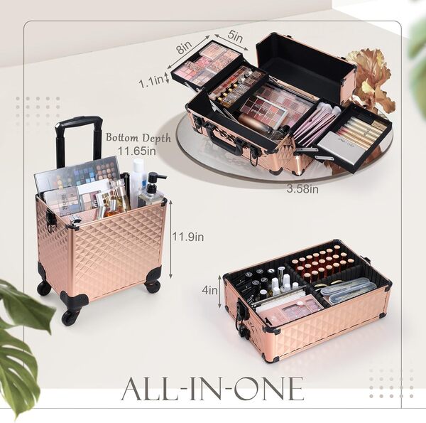 Adazzo Valise à roulettes Professionnelle 3 en 1 en Aluminium avec roulettes rotatives à 360° pour Maquillage avec Serrure et clé Motif Diamant