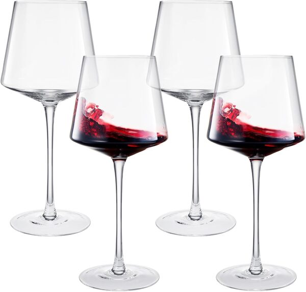 Lot de 4 grands verres à vin en cristal de 590 ml, classiques et uniques de style italien à haut pied pour vin rouge et blanc, verres à cocktail, eau et dîner, verres colorés (pied transparent)