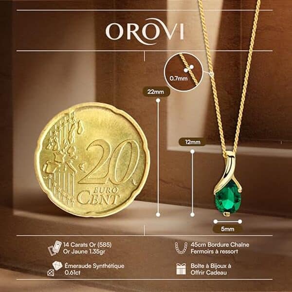 Découvrez notre avis sur le collier orovi : une élégante pièce en émeraude poire à 14 carats qui sublime votre style avec sophistication et raffinement.